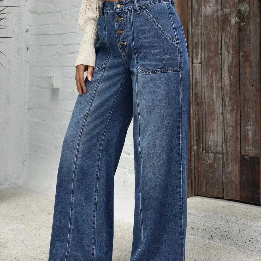 Blue Casual Women's Pockets Versatile Loose Wide Leg Jeans - Picture 6 of 6
